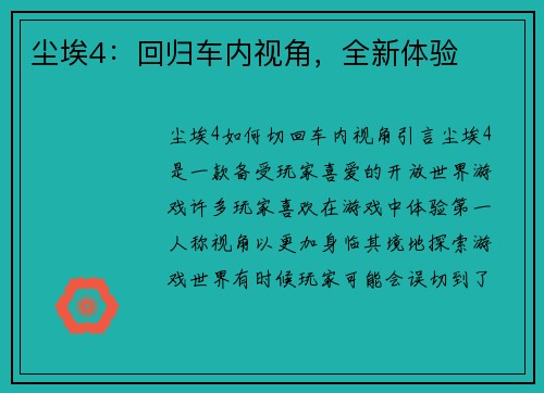 尘埃4：回归车内视角，全新体验